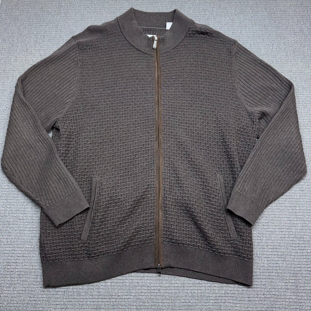 Tommy Bahama Mens XXL Brown Waffle Knit Full Zip Mock Neck Cardigan Sweater